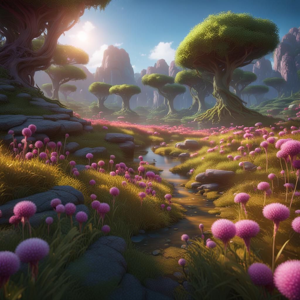 Dryad Home with Globe Amaranth Fields in 3D