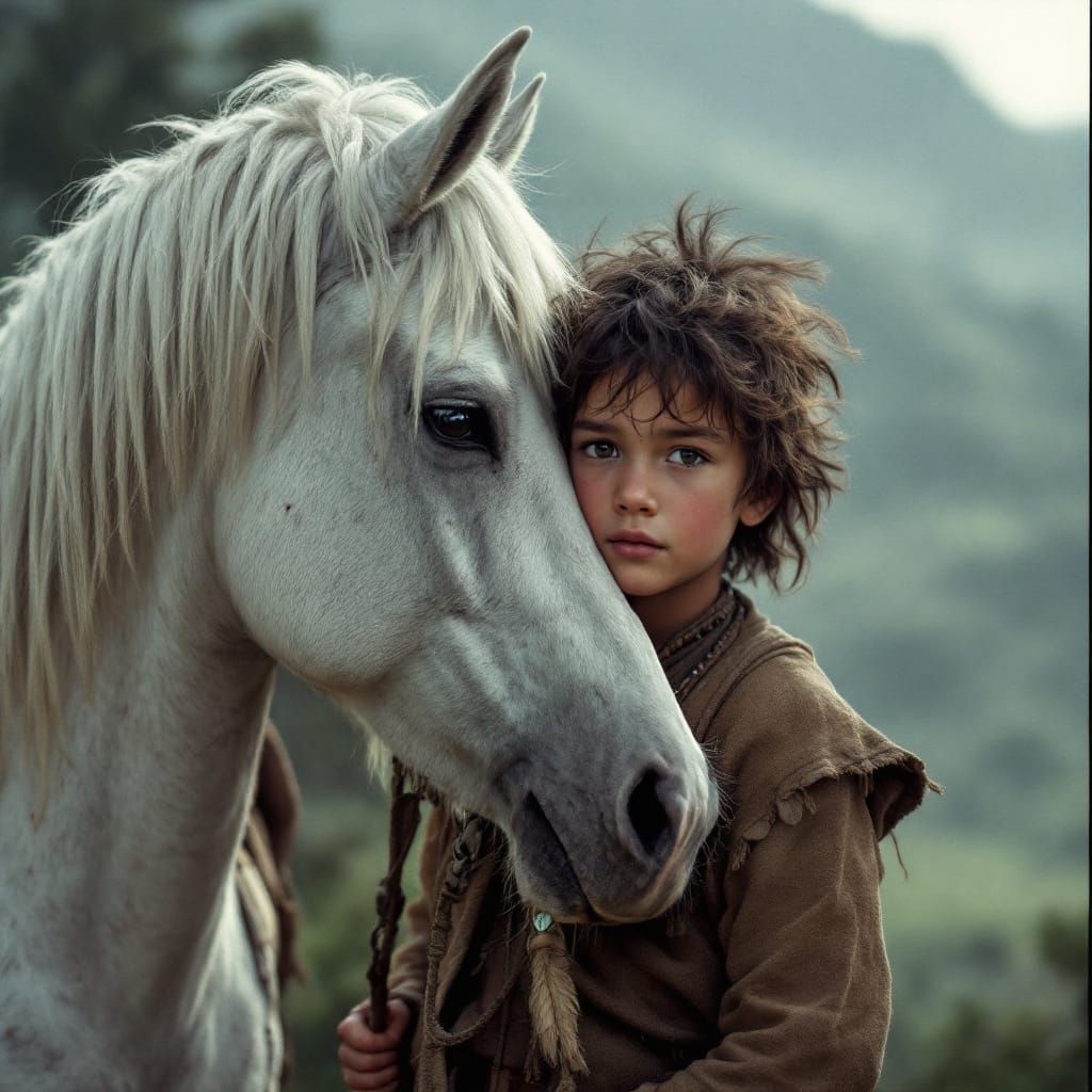 Native Boy and White Horse: Cinematic Film Still