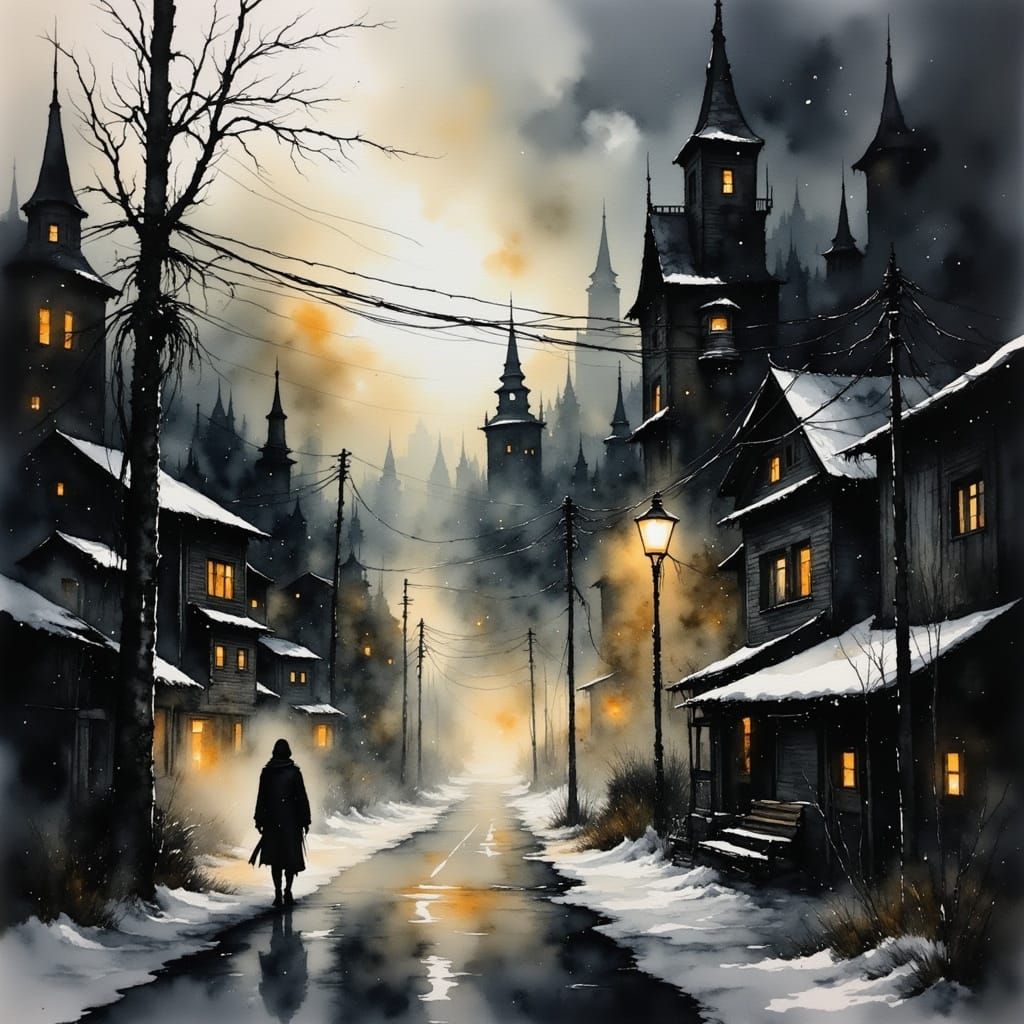 Surrealistic Cityscape Under Eerie Streetlights in Charcoal....