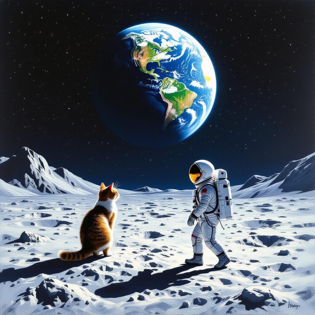 Astronaut Cat on the Moon in Dreamlike Style