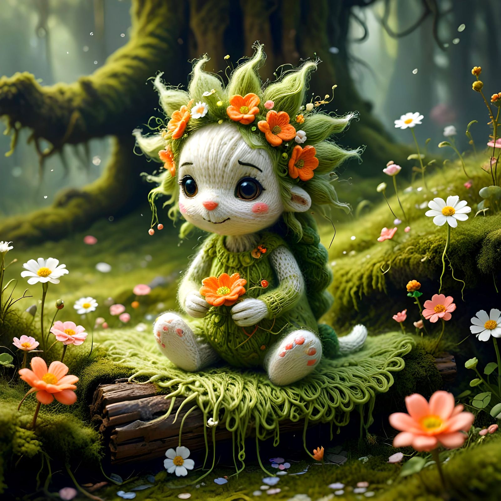 Whimsical Crochet Creature Amidst Floral Fantasy Art