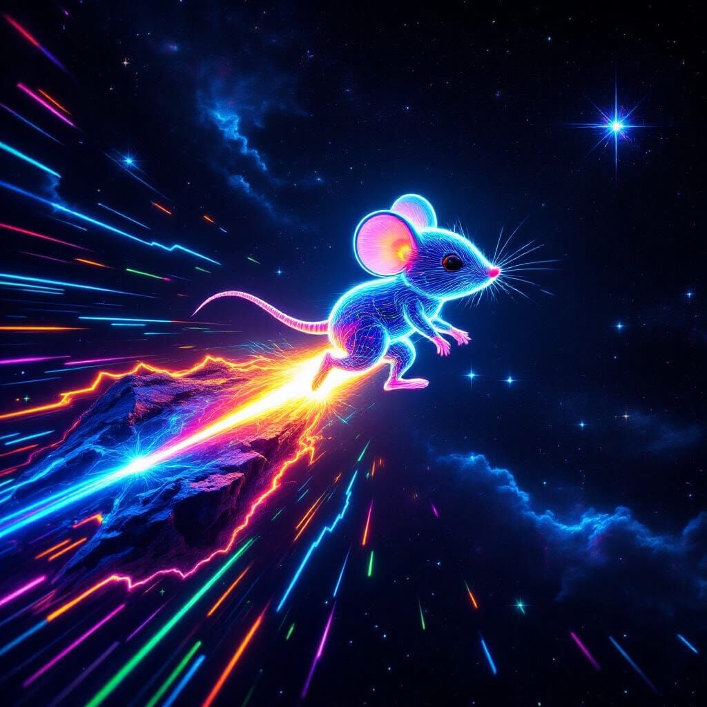 Chibi Mouse Made of Lasers on a Meteor in Deep Space
