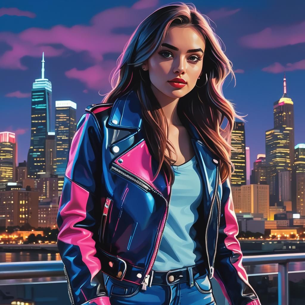 Teenage Girl in Cityscape, Vibrant Pop Art Style