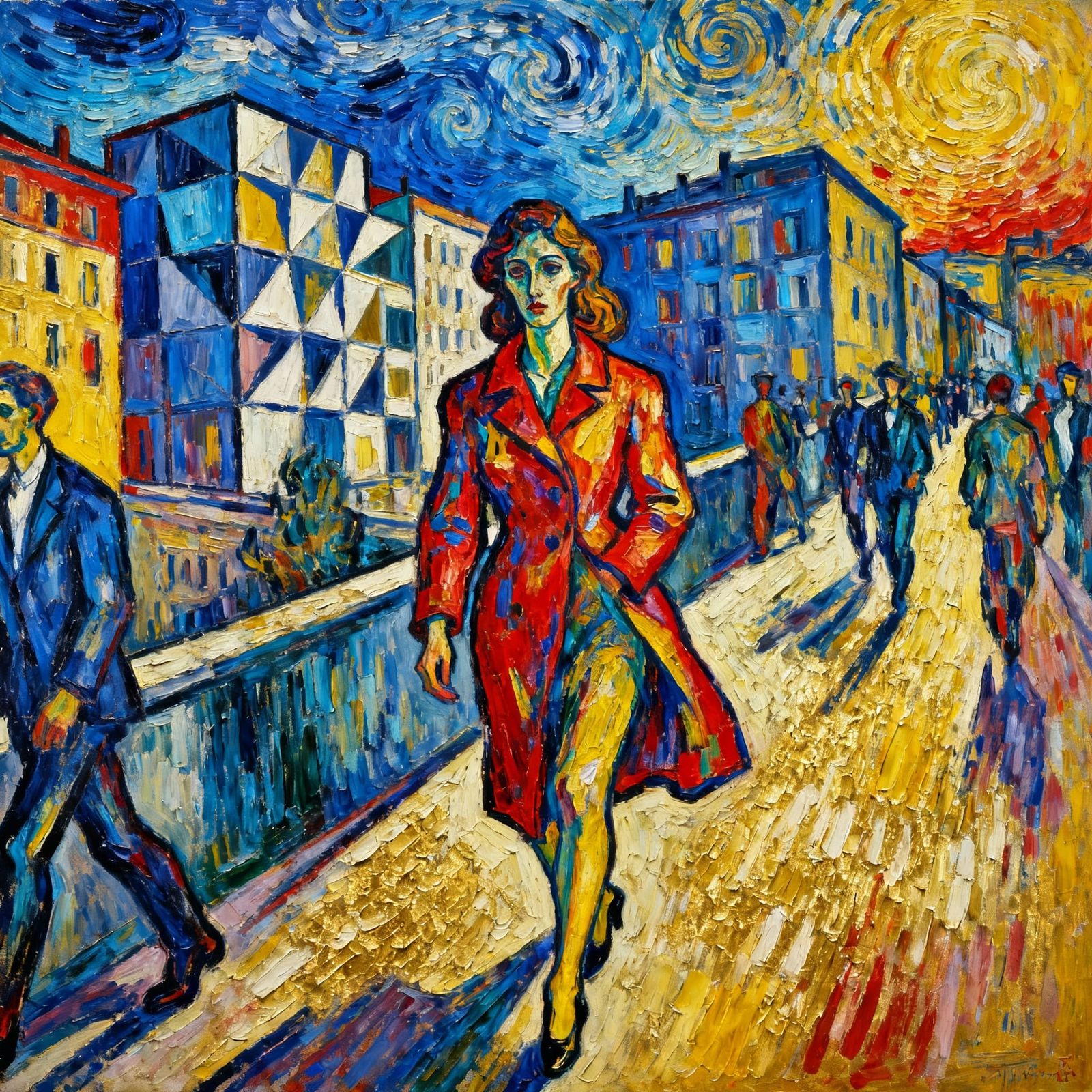 Woman Walking to Work in Neo-Impressionist Style