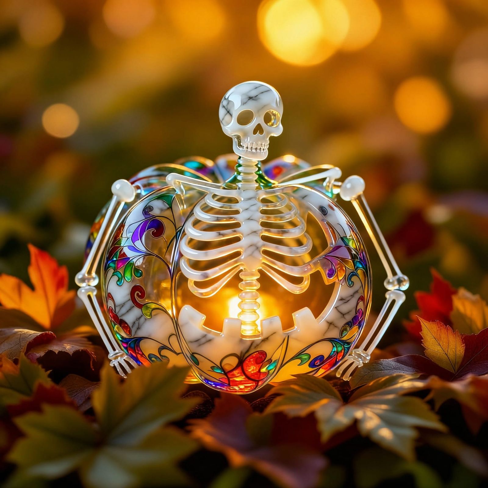 autumnal skeletal pumpkin marble glass