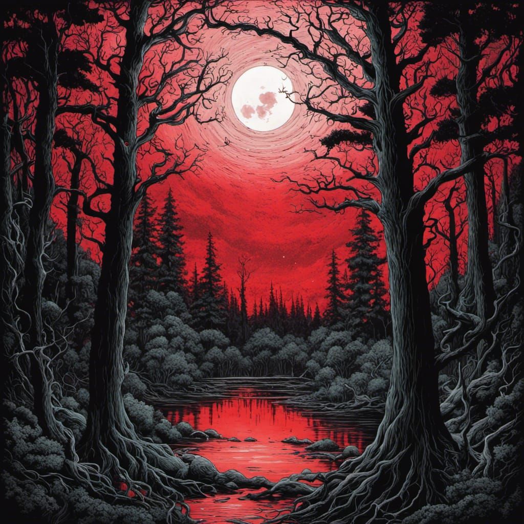 Eldritch Gothic Forest Under Red Moon