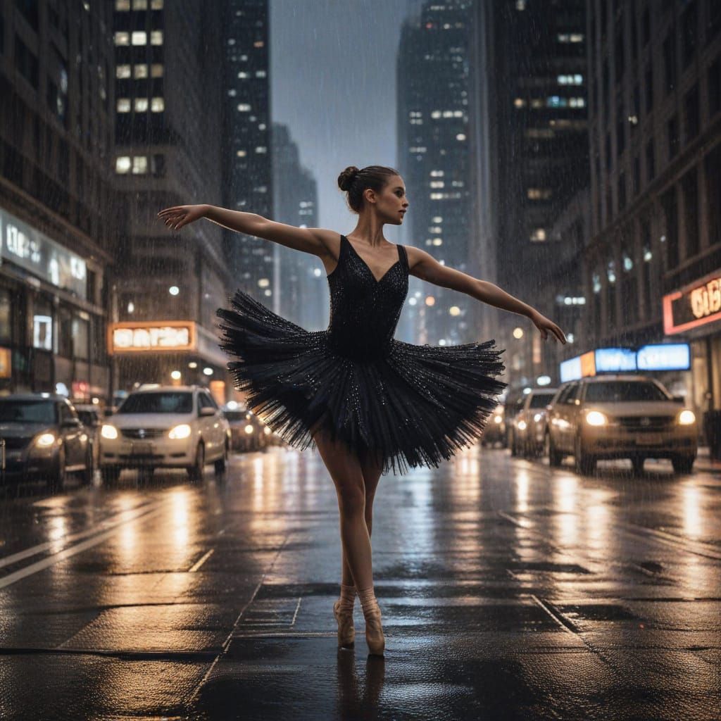 Ballerina in a Rainy City Night