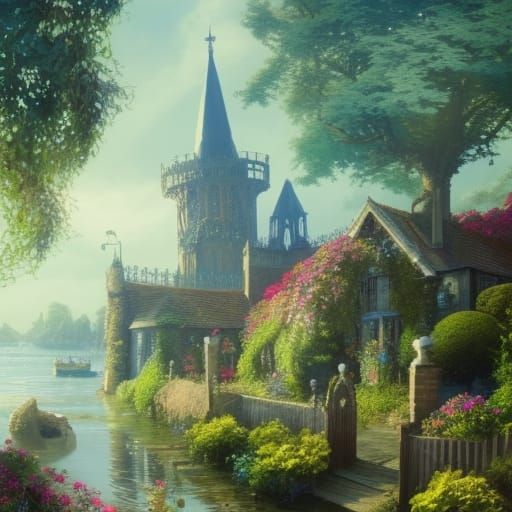 Victorian Seaside Village with Flower Garden