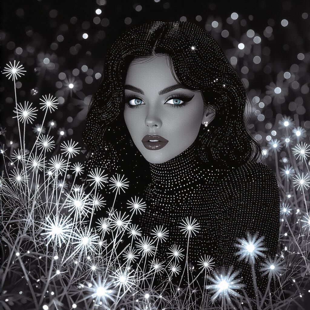 Bioluminescent Flora in Nebula Clearing, Noir Femme Fatale