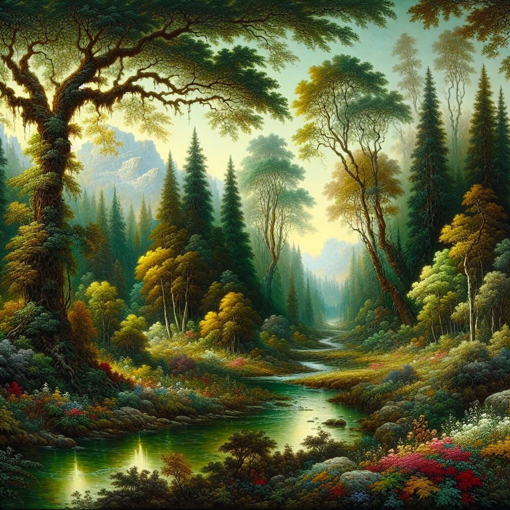 Lush Forest Scene in Realistic Impressionism Style