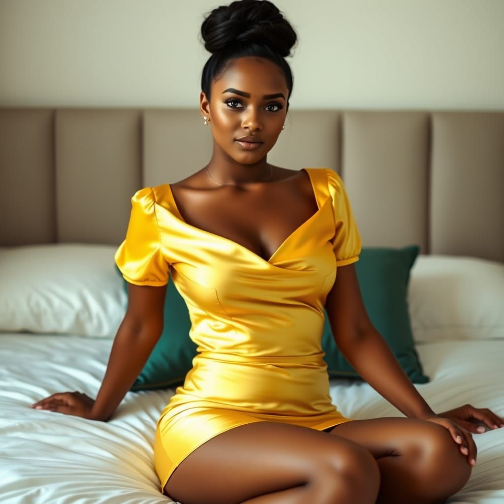 Beautiful Indian Woman in Yellow Silk Outfit on Bed