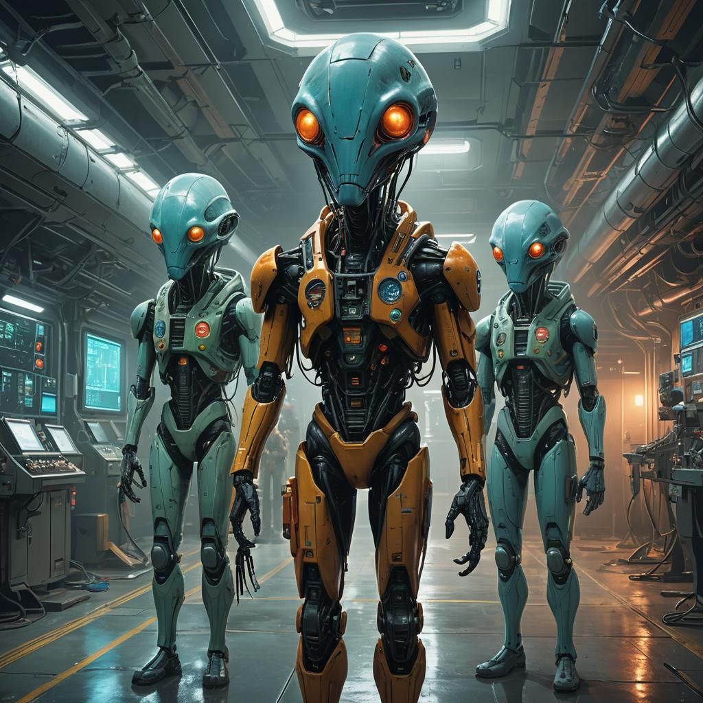 Extraterrestrial Encounter in Hangar: Hyperrealistic Concept...