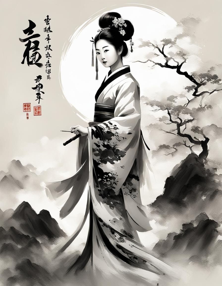 Chinese Lady in Calligraphy Brush Style