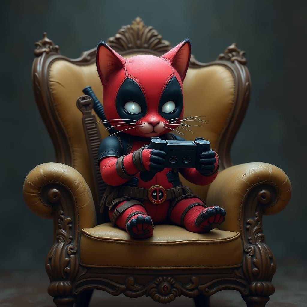Whimsical Cat in Dark Fantasy Deadpool Cosplay