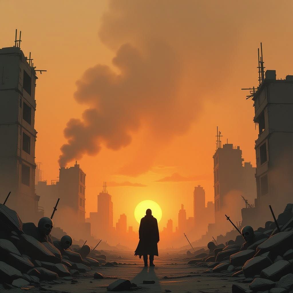 Lone Figure in Desolate War-Torn City