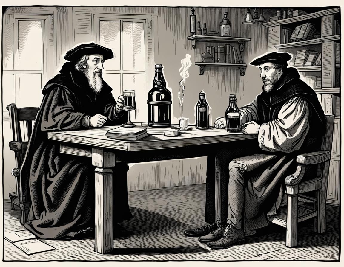 Calvin and Luther Share Beer in Old-Fashioned Setting