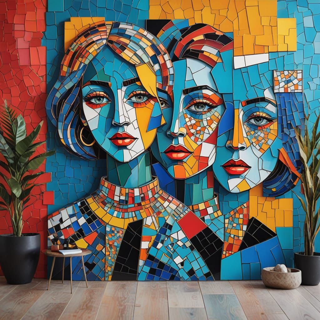 Vibrant Cubist Portrait of Expressive Faces