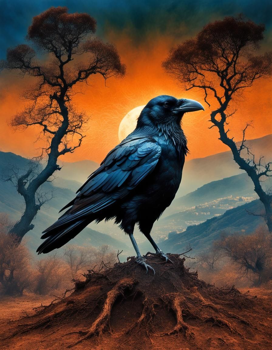 Anthropomorphic Crow in Burnt California Landscape