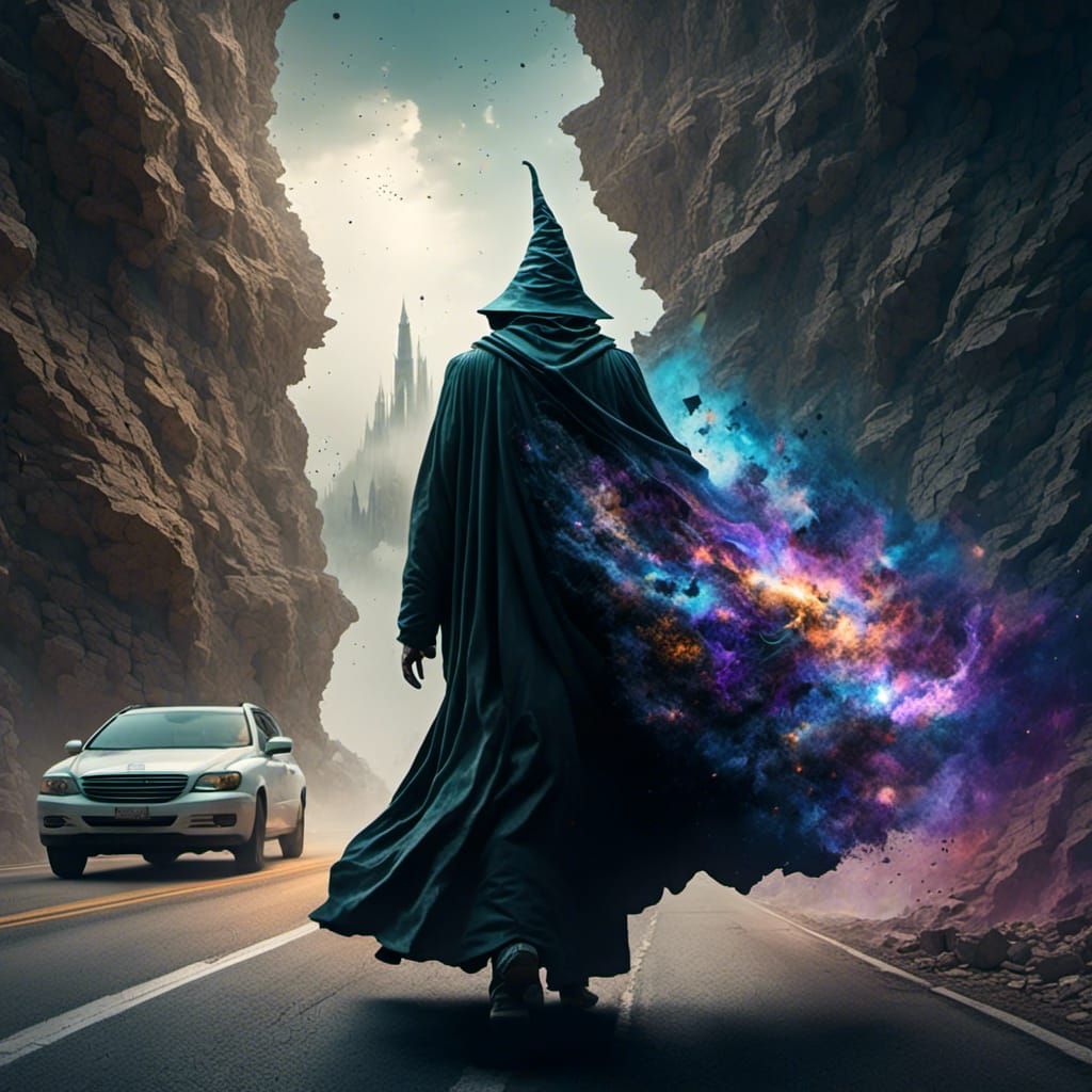 Ghostly Wizard Emerges onto Highway: Dark Fantasy Render