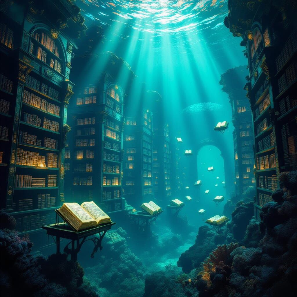 Sunken Library of Glowing Books in Ethereal Fantasy