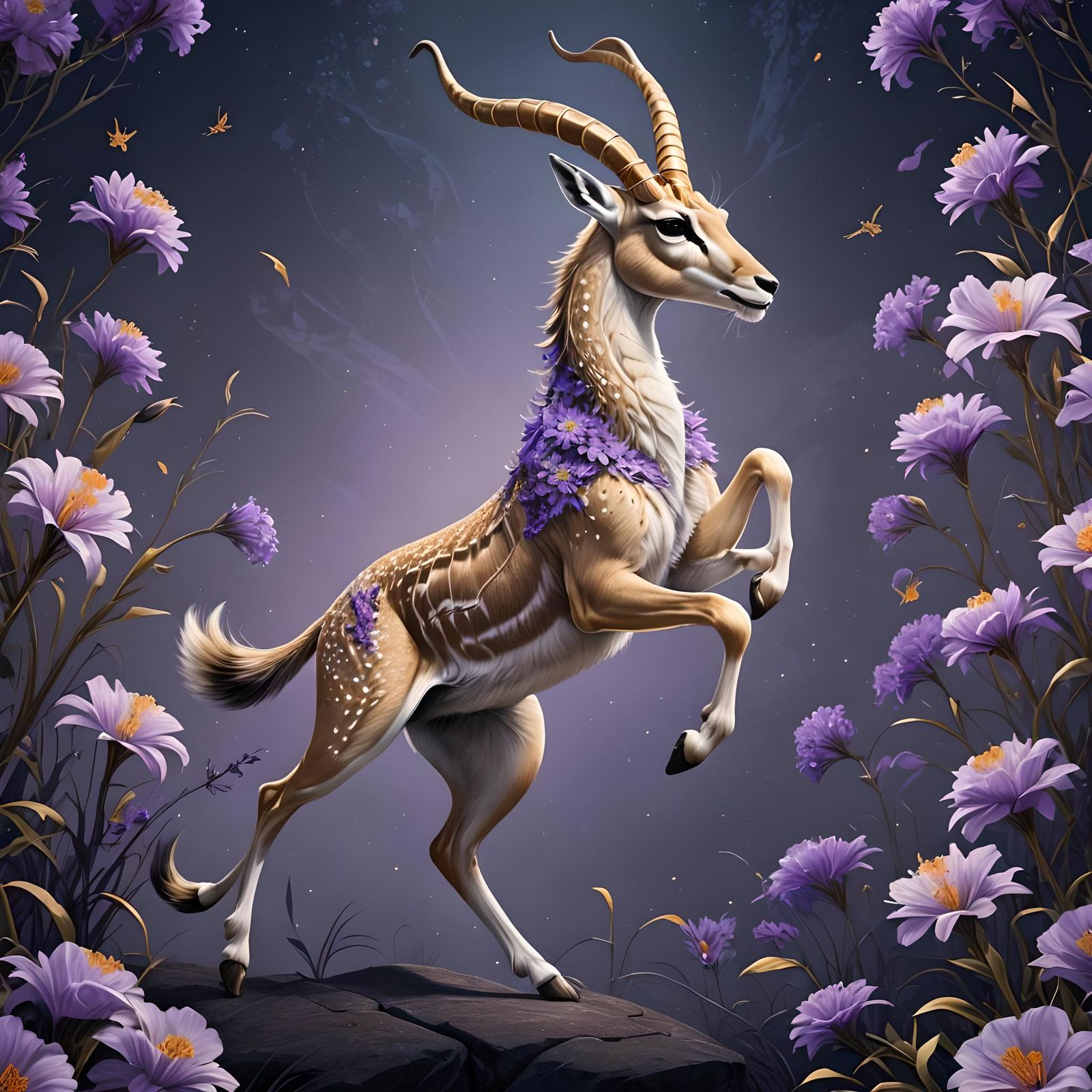 Fantasy Gazelle Prancing Through Purple Flowers