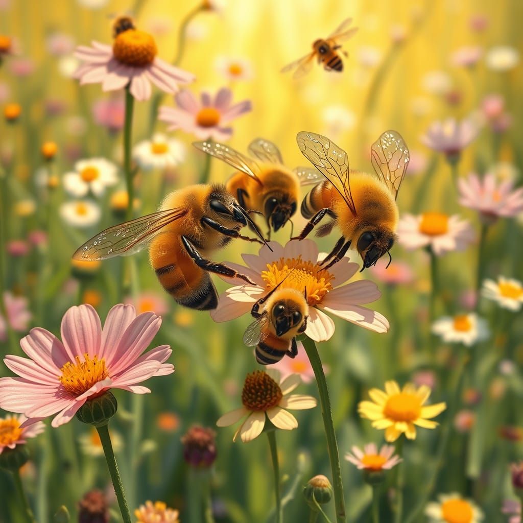 Bees Collecting Nectar in Impressionist Art Nouveau Style