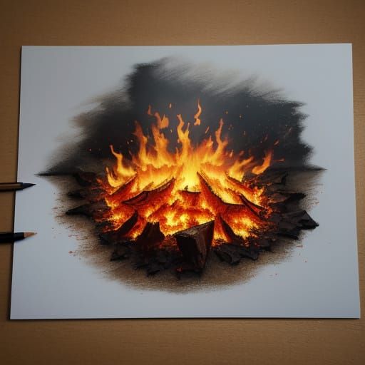 Pencil Drawing of Burning Paper with Fiery Inferno