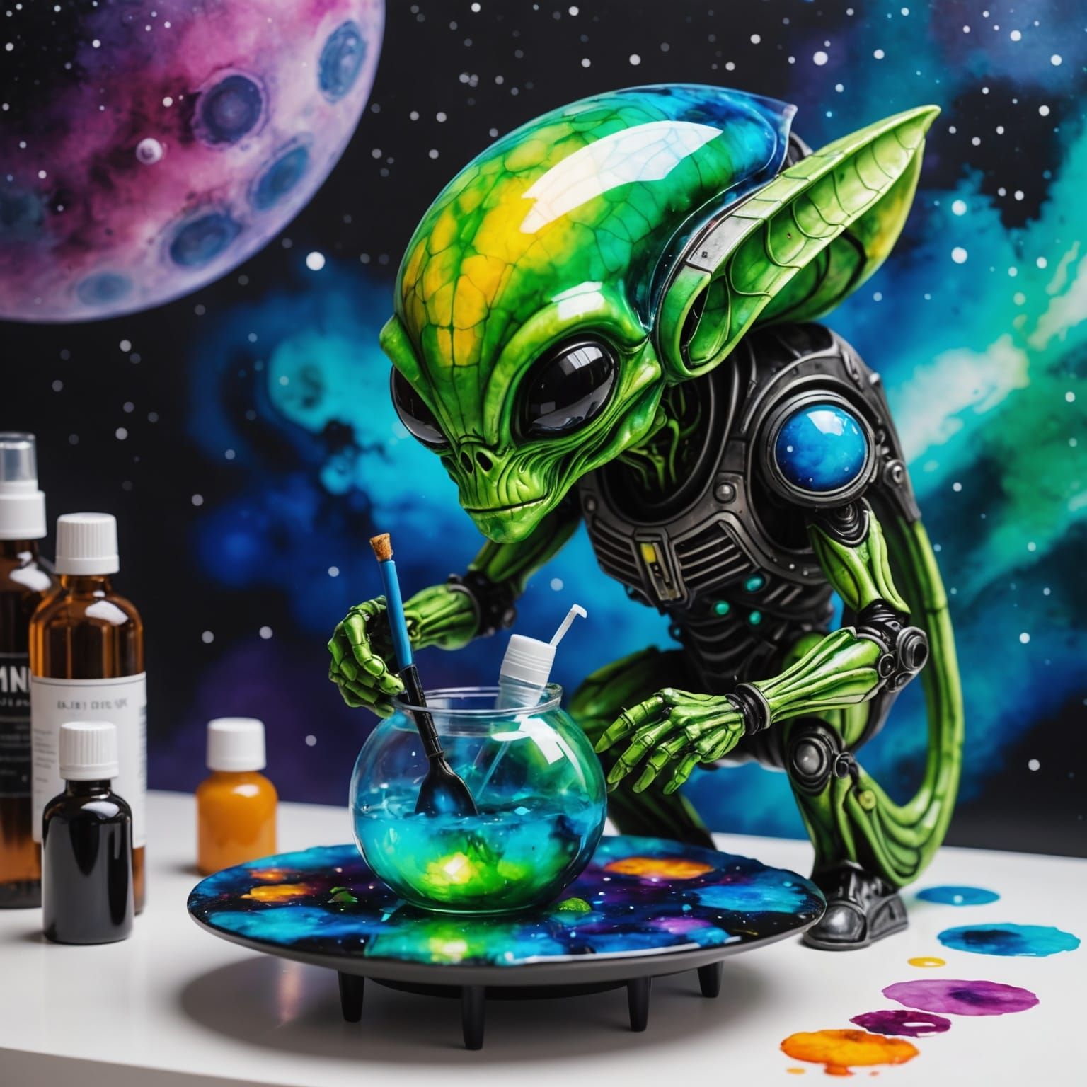 Alien Cleans Spaceship in Alcohol Ink Style
