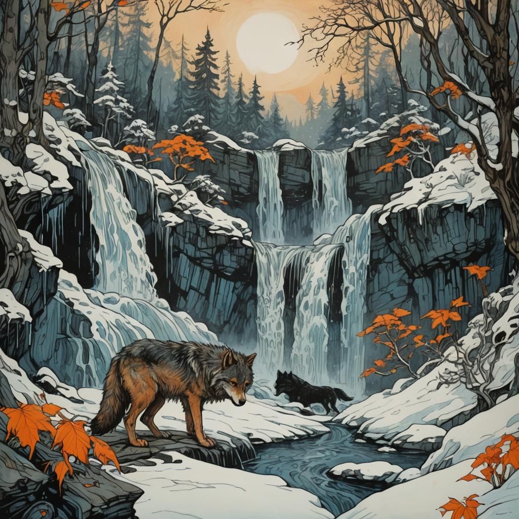 Winter Wolf Illustration in Linocut Print Style