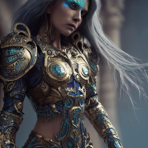 Wizard Woman with Glowing Eyes in Detailed Armor