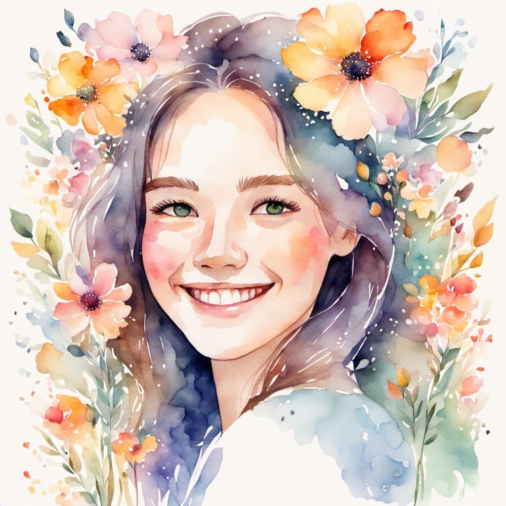 Dreamy Watercolor Portrait of a Smiling Person with Flowers