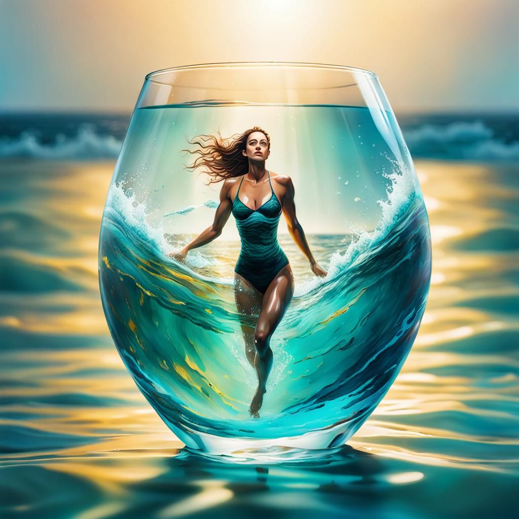 Woman Swimming in Sea Inside Glass: Hyperrealistic Art