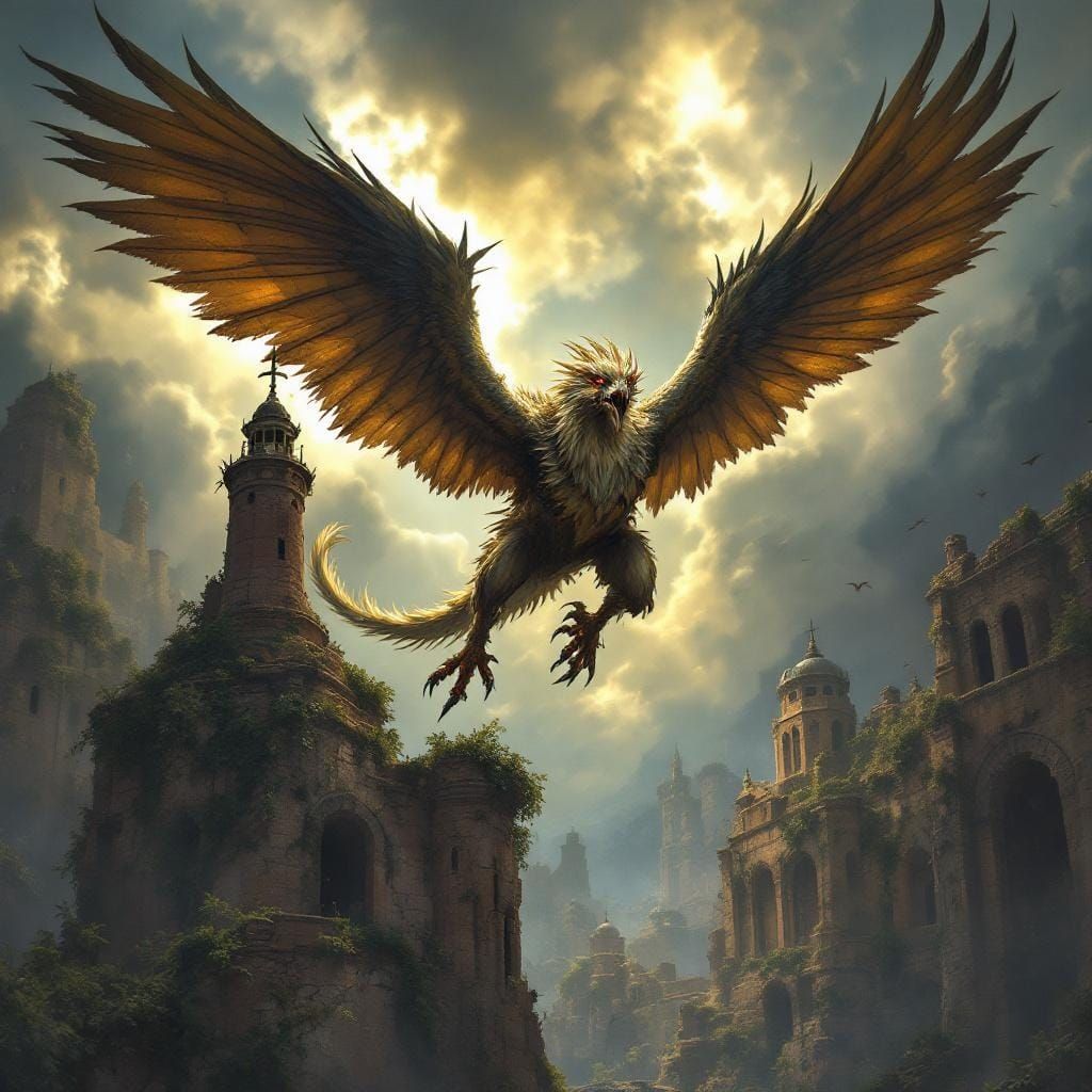 Griffin Soaring Over Ruined Citadel, Fantasy Art