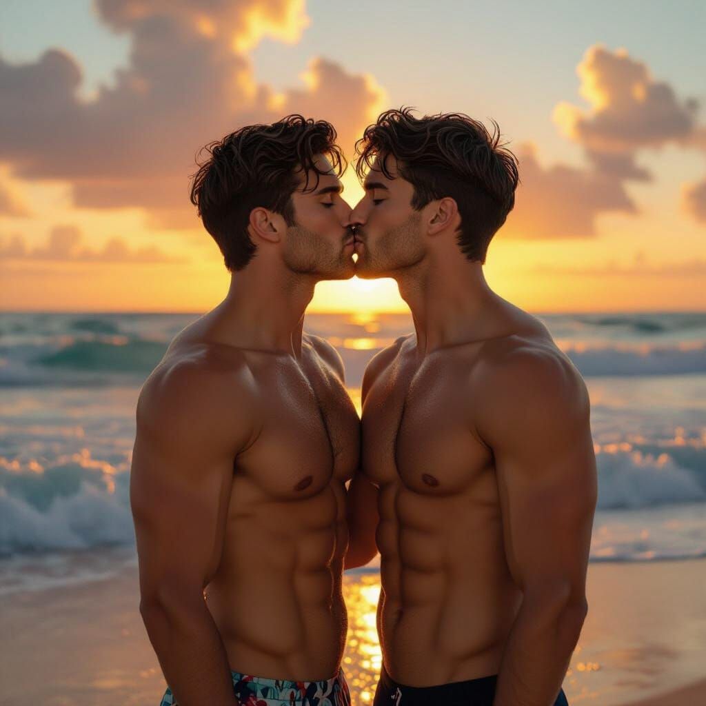Twin Brothers Kissing on Sunset Beach