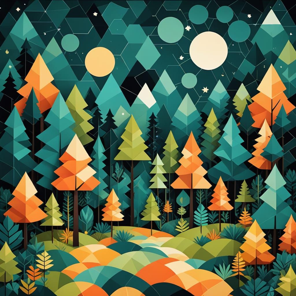 Geometric Abstract Night Forest Illustration