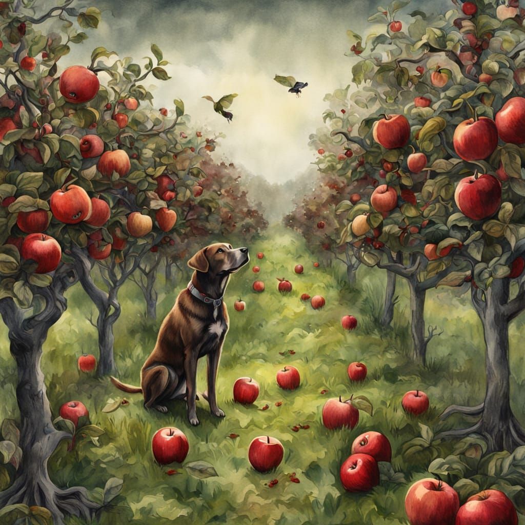 Dog in Wilderness Apple Orchard Watercolour Illustration