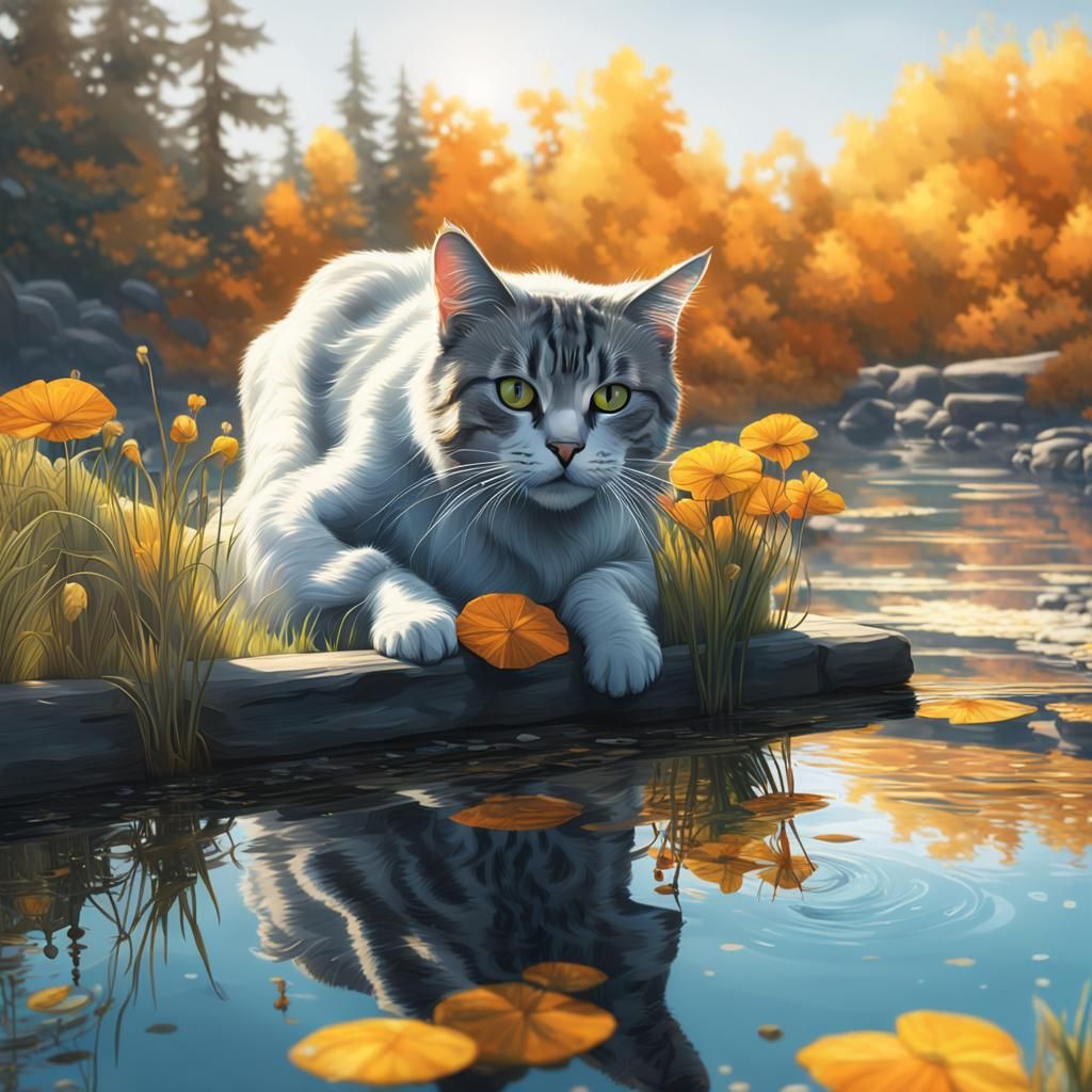Yellow Cat Drinking: Hyperdetailed Concept Art