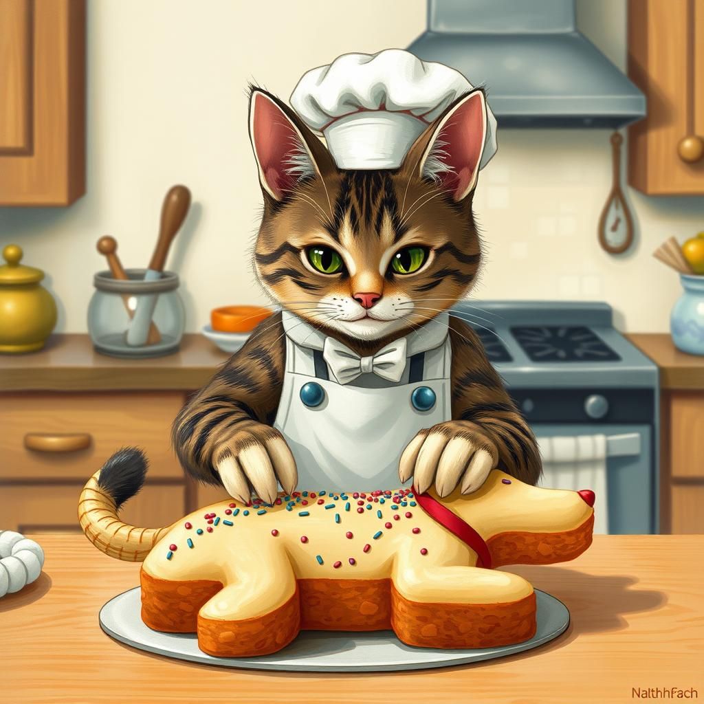 Cat Chef Decorating Dog Cake, Whimsical Illustration