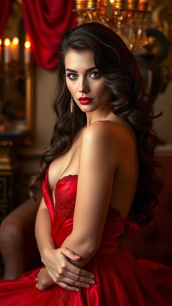 Elegant Woman in Red Gown, Art Nouveau Style