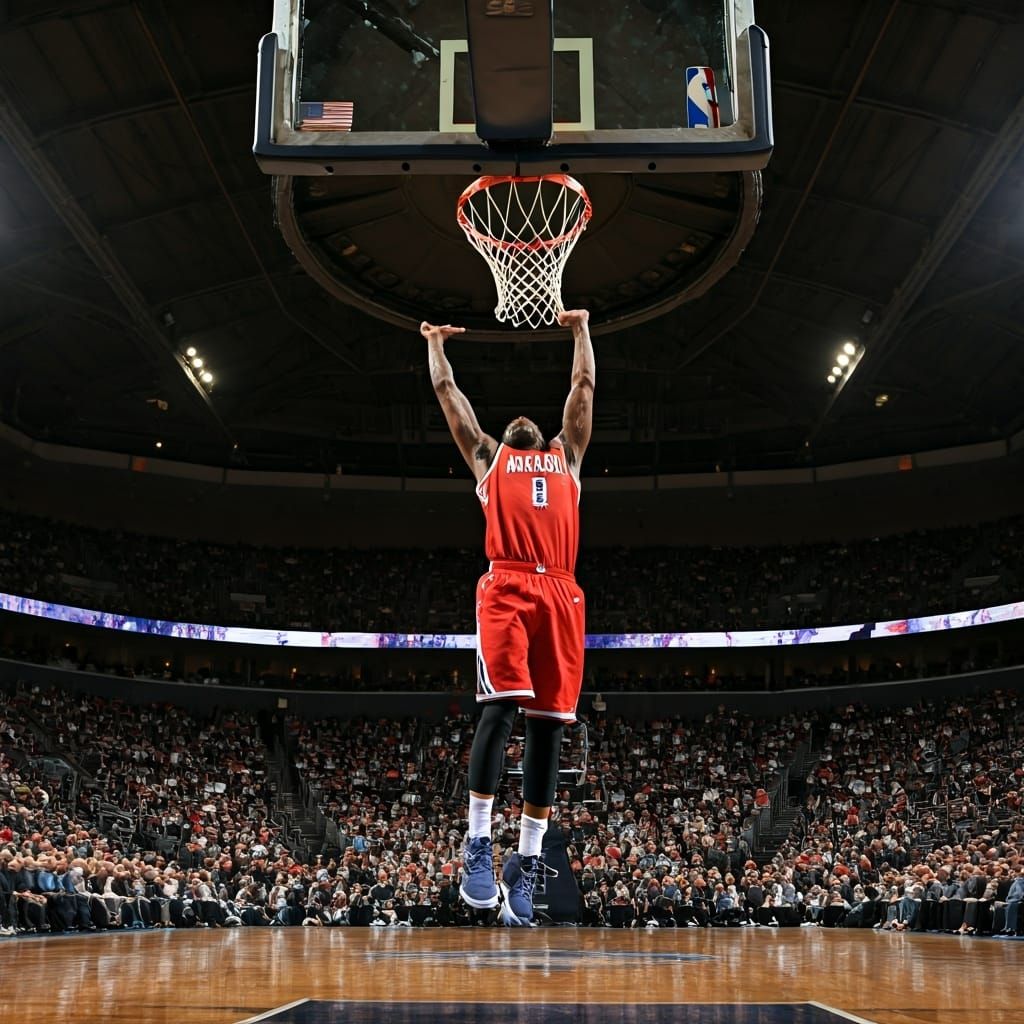 Dramatic Slam Dunk Frozen in Mid-Air