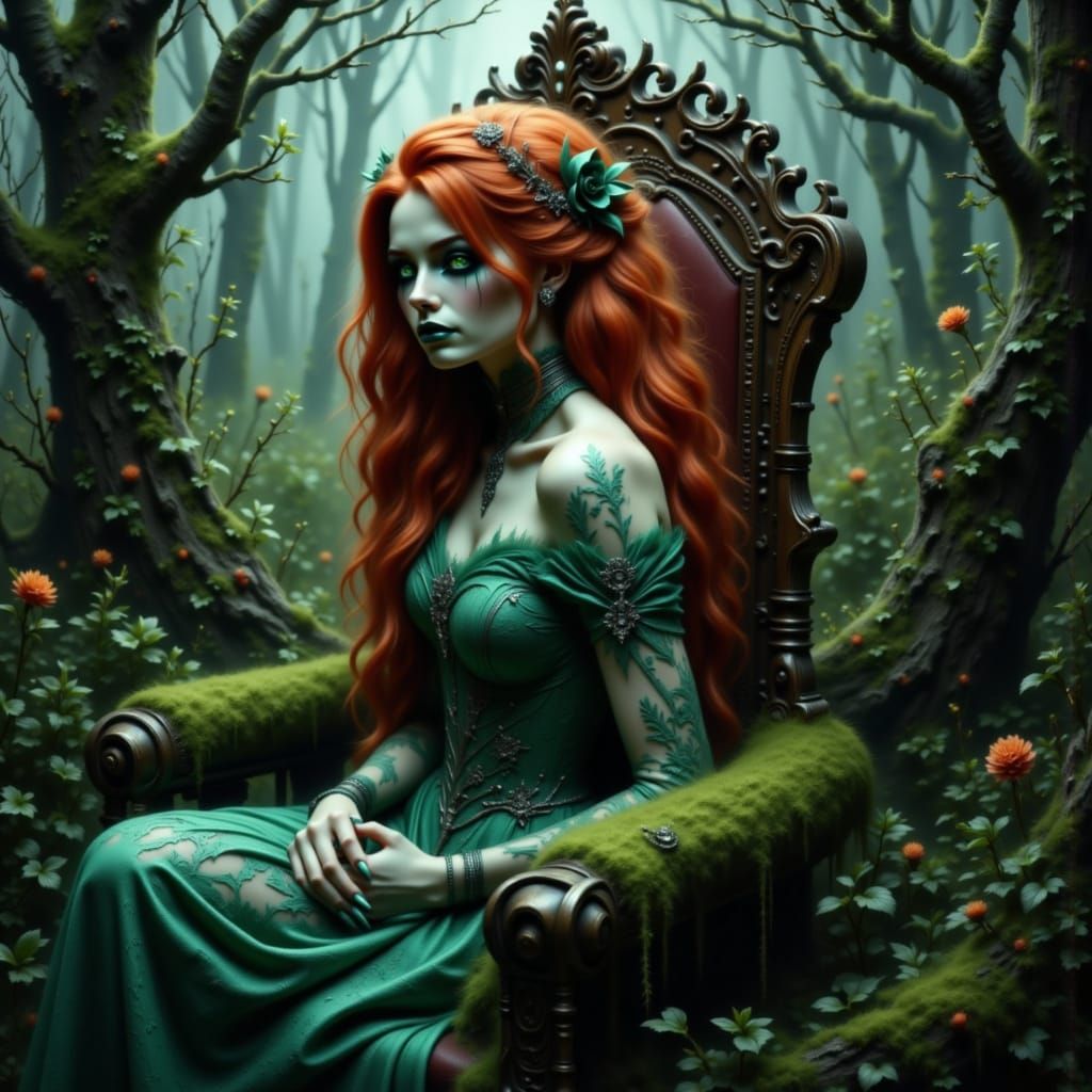Melancholic Redhead on Moss Throne in Ethereal Garden