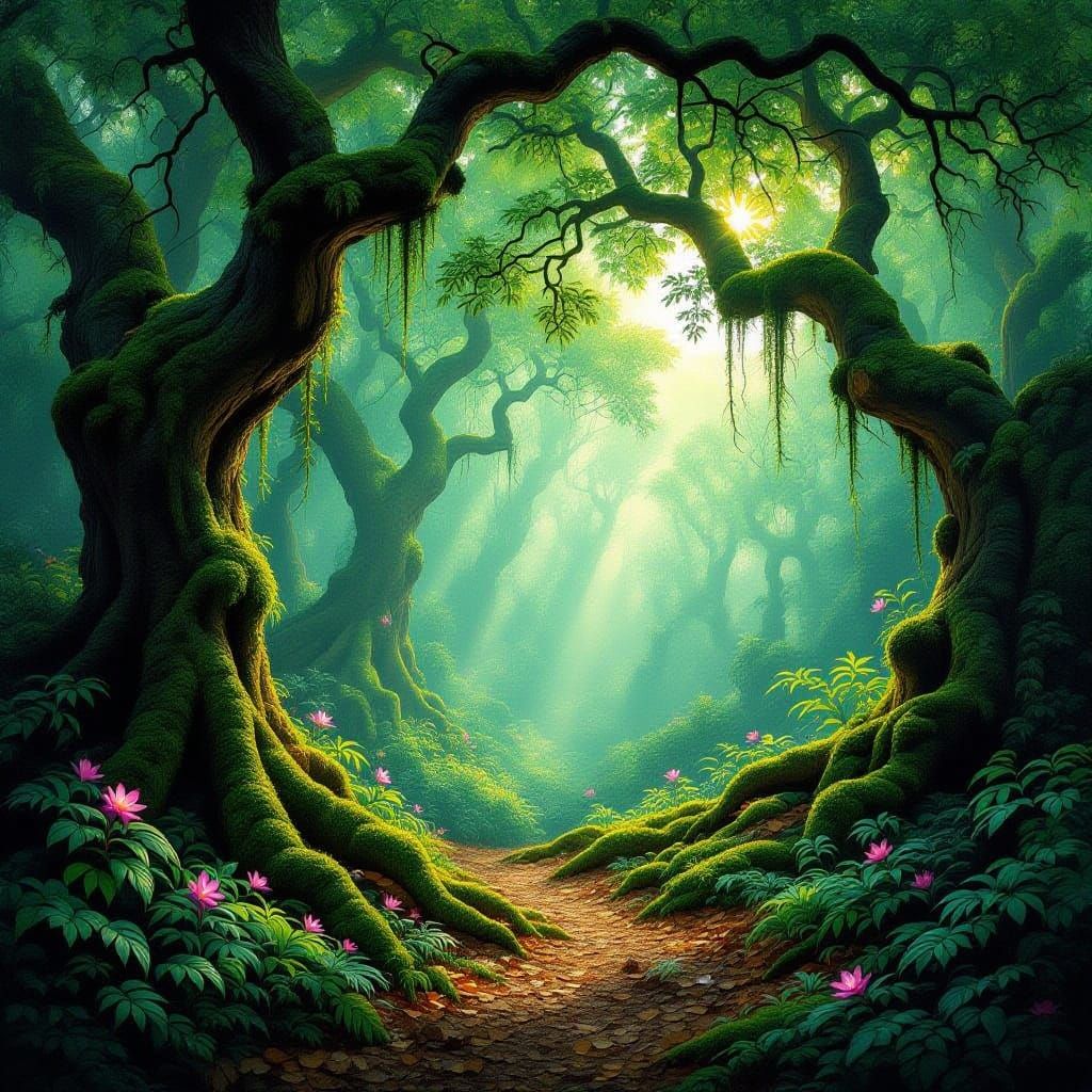 Mystical Forest Clearing with Glowing Moss