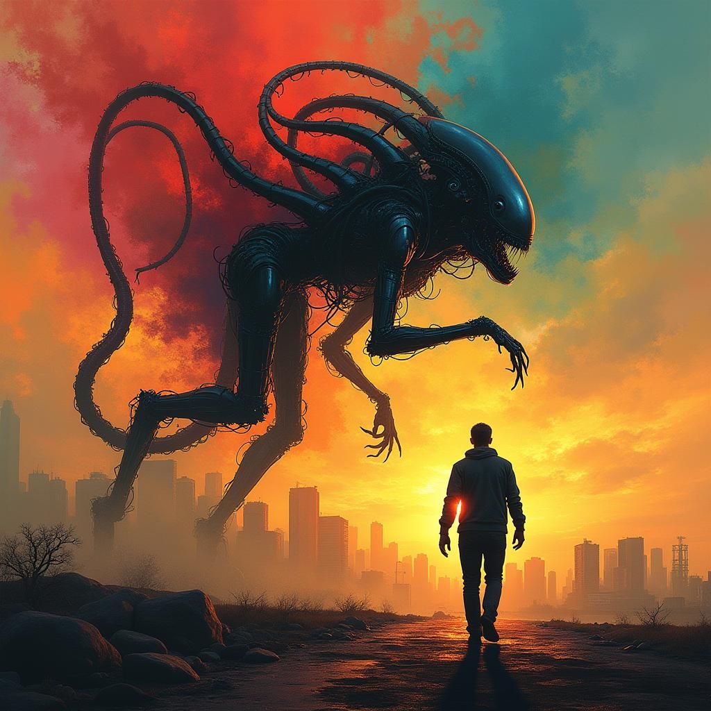 Abstract Explosion Silhouetted Figure on Cityscape