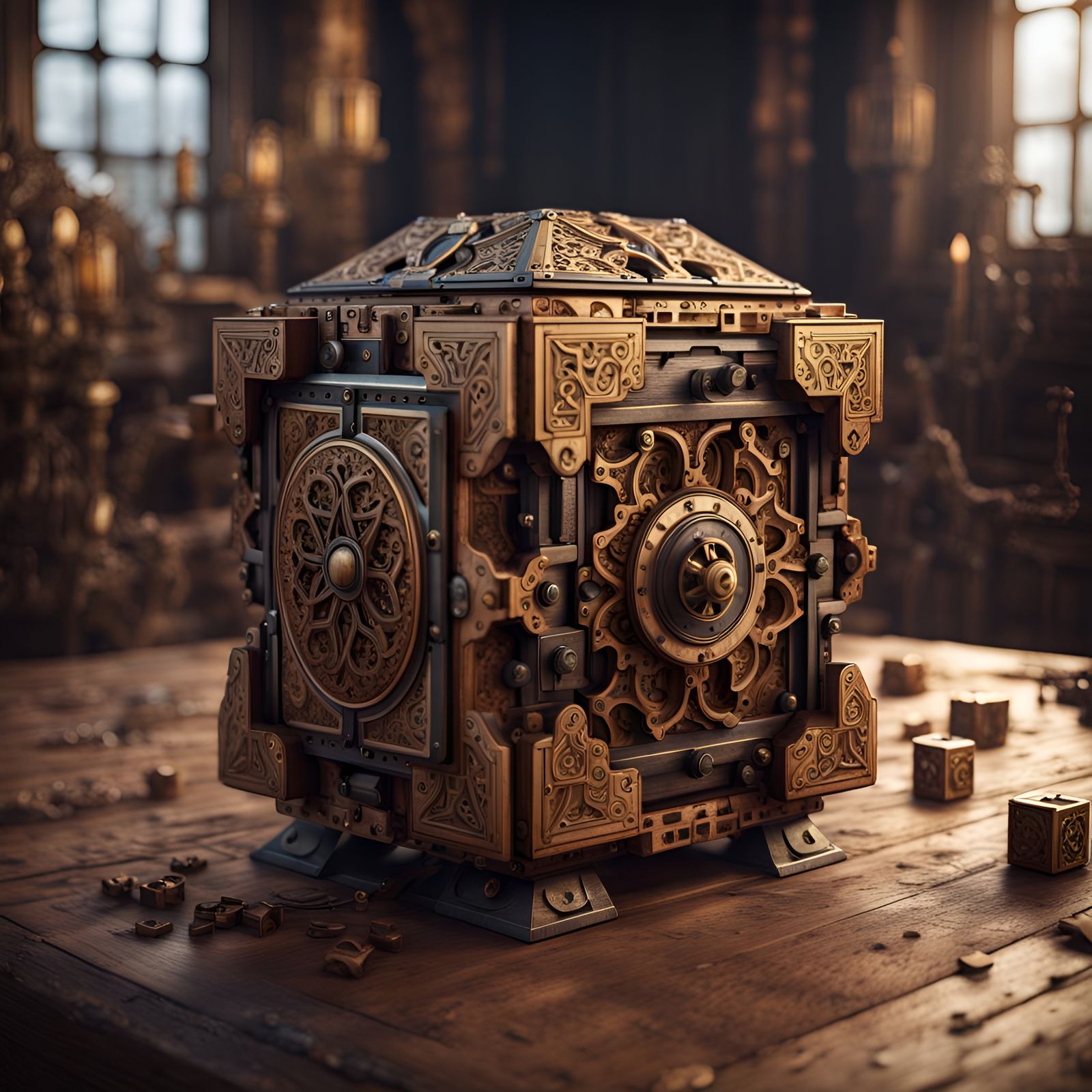 A beautiful and intriguing ornate mechanical puzzle box made of wood and metal