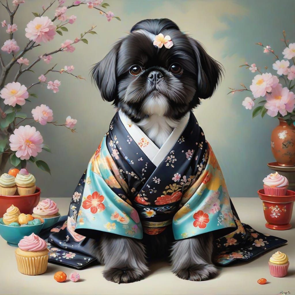 A black shih tzu wearing a balanced bunny dessert kimono