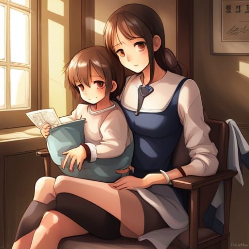 Brown-haired Sister holding baby brother while sitting in a chair by artist "anime", Anime Key Visual, Japanese Manga, P...