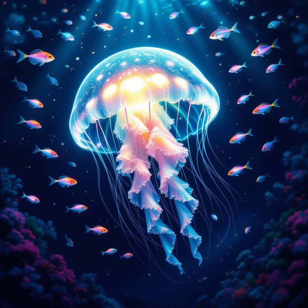 Bioluminescent Jellyfish in Deep Sea Trench