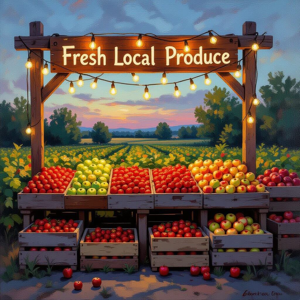 Farmstand at Dusk in Neo-Impressionist Style