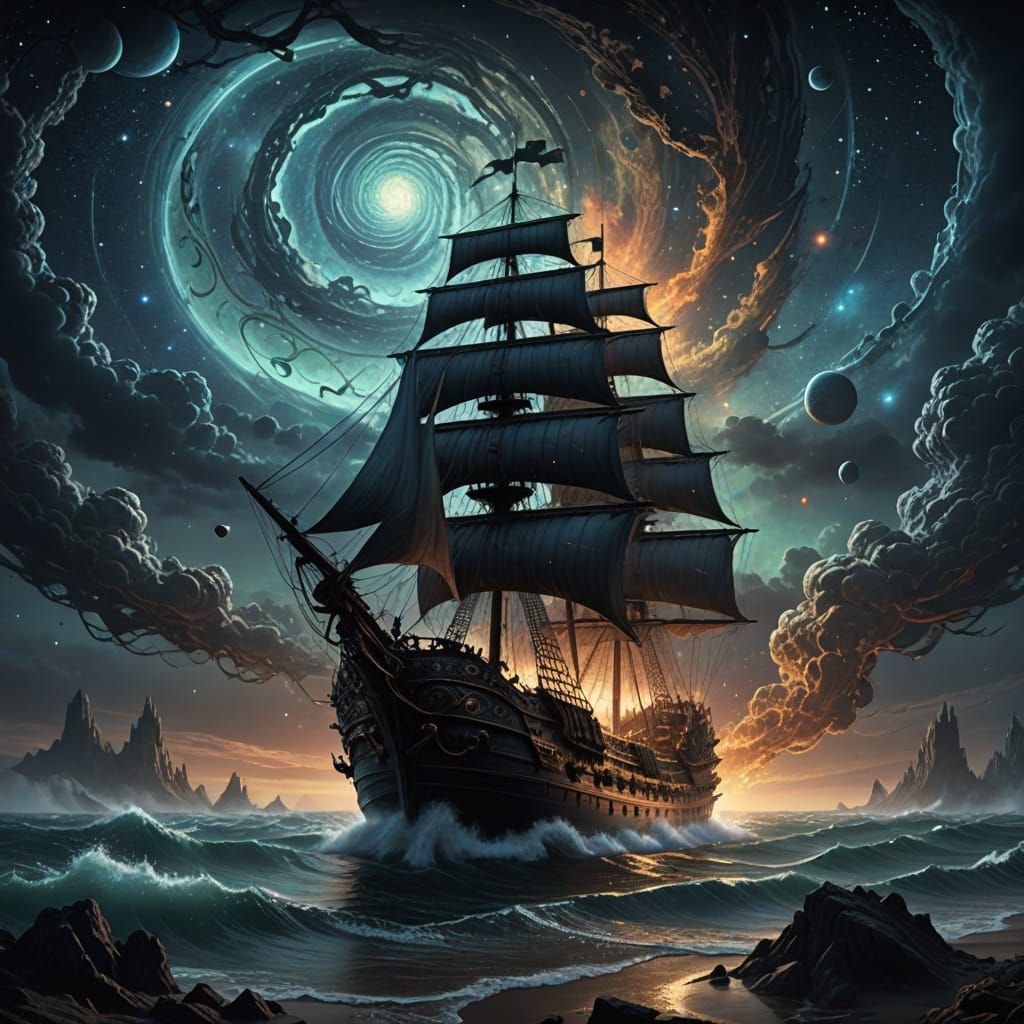 Spectral Galleon Sails Cosmic Seas in Gothic Fantasy
