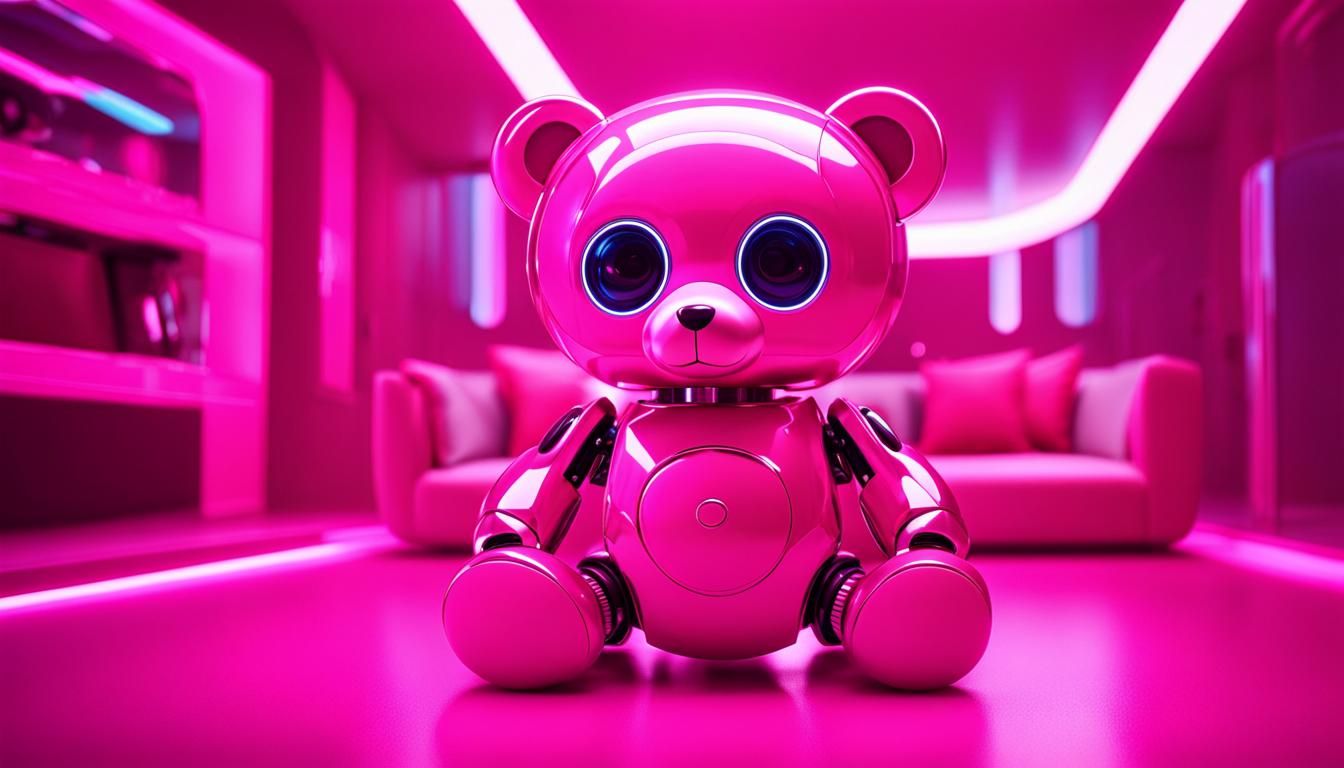 Futuristic Pink Teddy Bear Robot in Sci-Fi Room